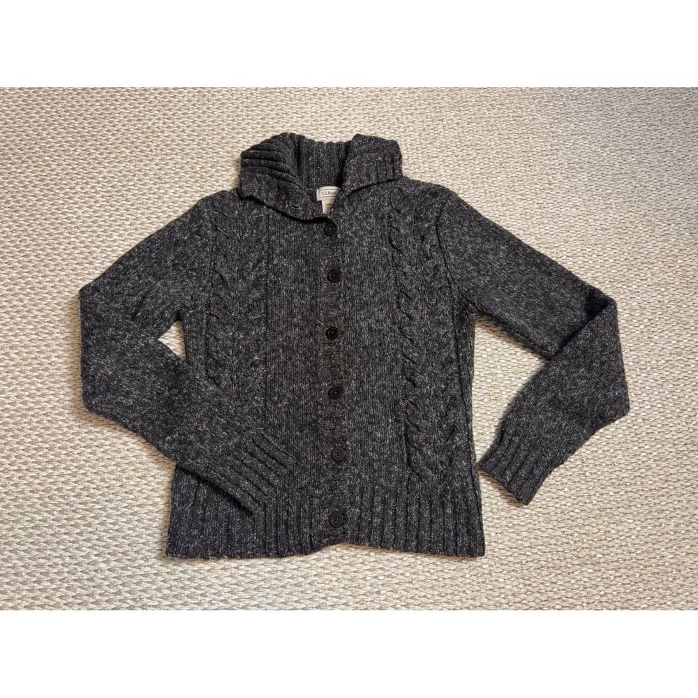 LL Bean Women Cable Knit Wool Blend Cardigan sweater fisherman lagenlook coastal